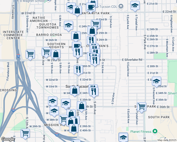 map of restaurants, bars, coffee shops, grocery stores, and more near 146 East 31st Street in Tucson