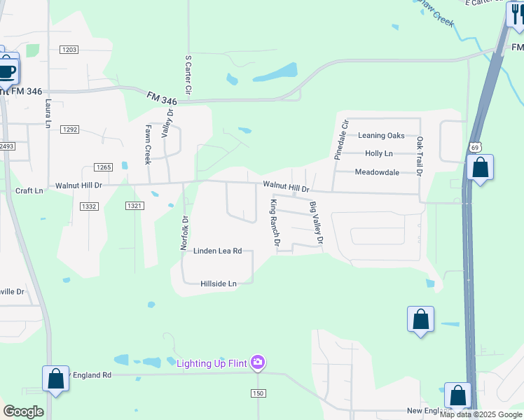 map of restaurants, bars, coffee shops, grocery stores, and more near 19510 Sandhill Lane in Flint