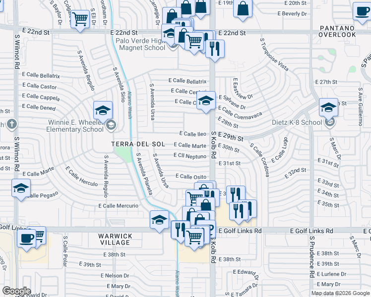 map of restaurants, bars, coffee shops, grocery stores, and more near 6957 East Cll Neptuno in Tucson