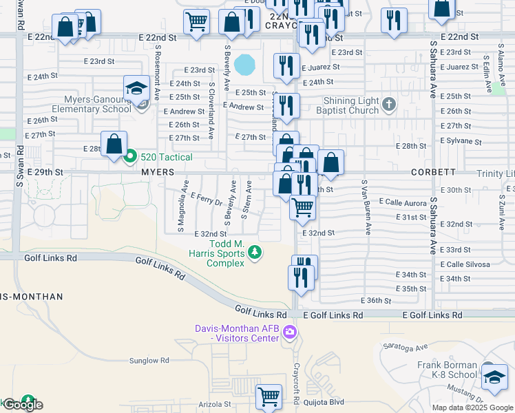 map of restaurants, bars, coffee shops, grocery stores, and more near 5402 East 30th Street in Tucson