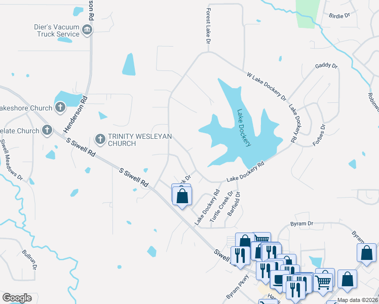 map of restaurants, bars, coffee shops, grocery stores, and more near 1025 Lake Dockery Road in Byram