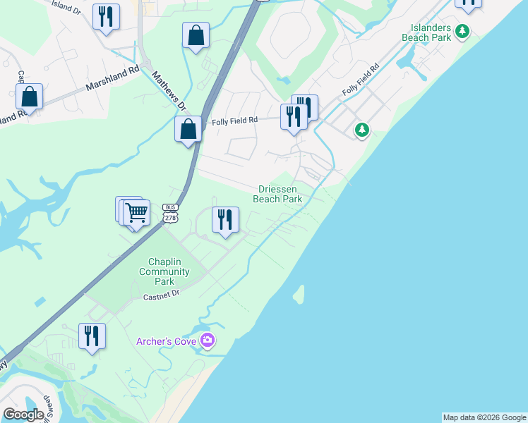 map of restaurants, bars, coffee shops, grocery stores, and more near 7 Abalone Lane in Hilton Head Island