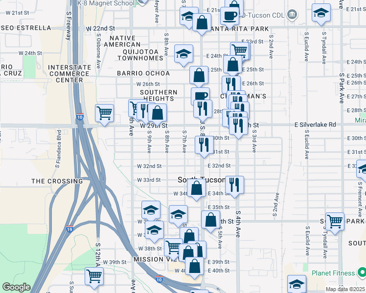 map of restaurants, bars, coffee shops, grocery stores, and more near 2024 South 7th Avenue in Tucson