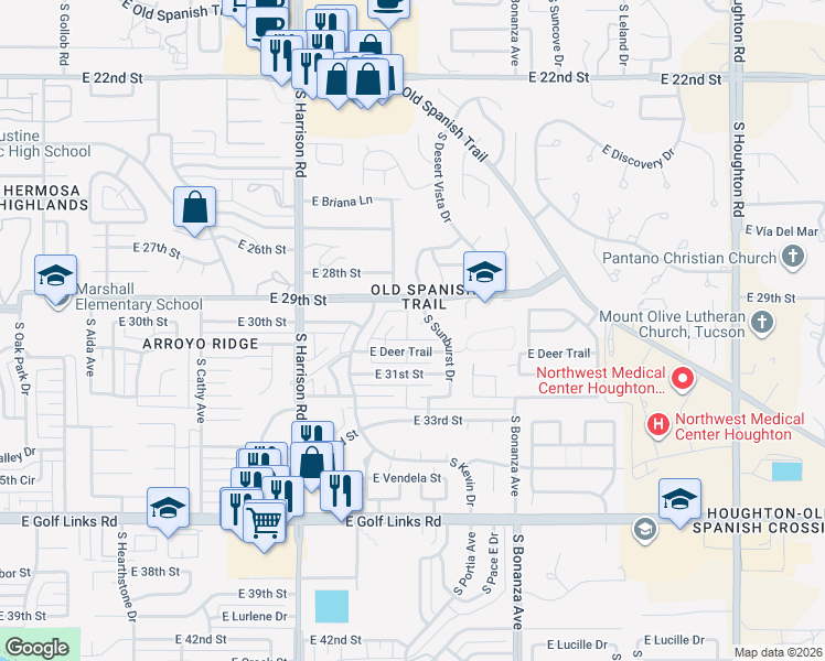 map of restaurants, bars, coffee shops, grocery stores, and more near 9705 East Deer Trail in Tucson