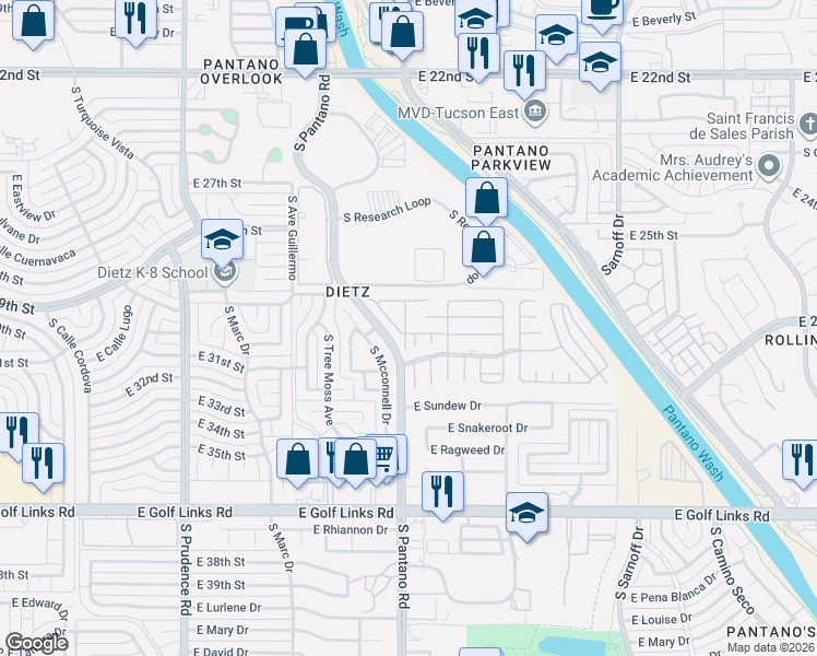map of restaurants, bars, coffee shops, grocery stores, and more near 2121 South Pantano Road in Tucson