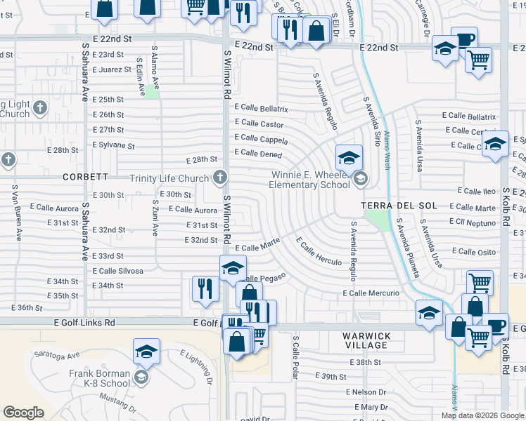 map of restaurants, bars, coffee shops, grocery stores, and more near 6420 East Calle Mercurio in Tucson