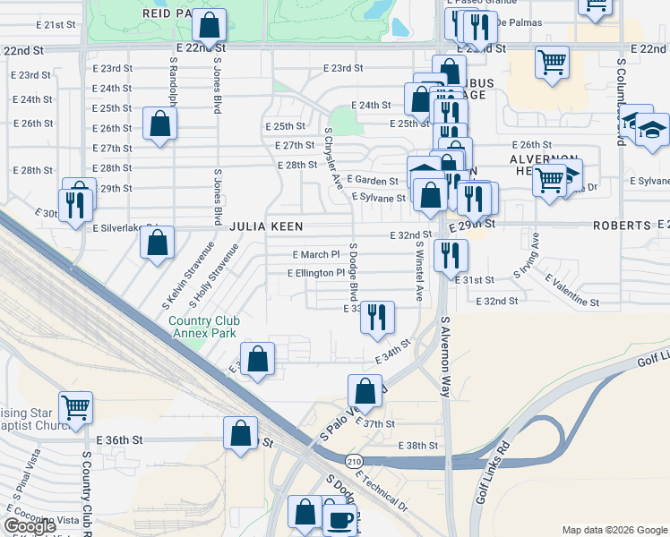 map of restaurants, bars, coffee shops, grocery stores, and more near 3662 East Ellington Place in Tucson