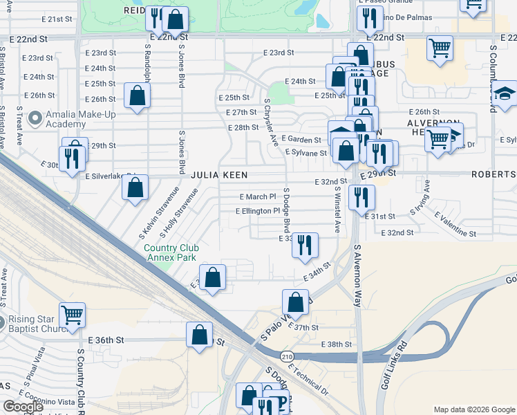 map of restaurants, bars, coffee shops, grocery stores, and more near 2109 South Richey Boulevard in Tucson