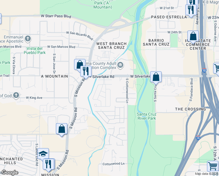 map of restaurants, bars, coffee shops, grocery stores, and more near 1325 West Silverlake Road in Tucson