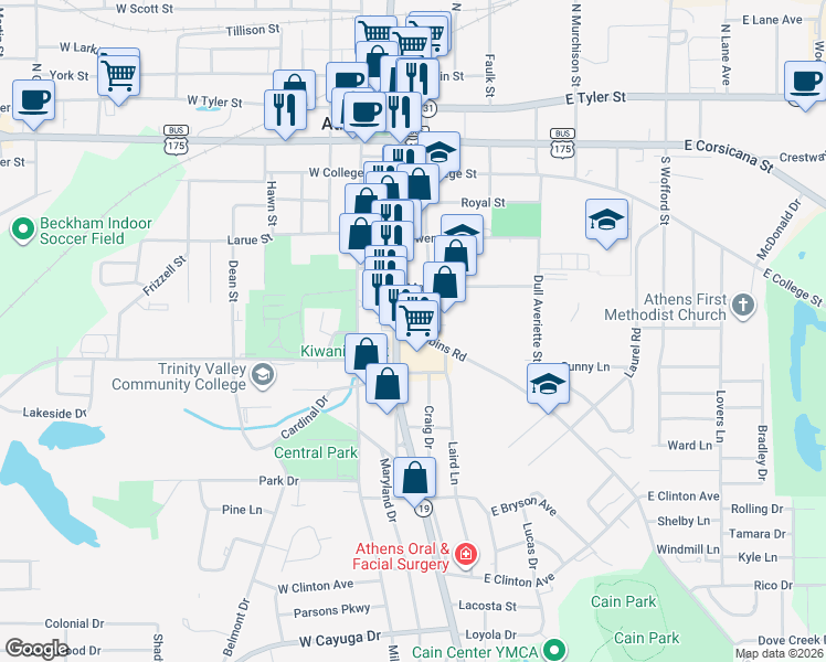 map of restaurants, bars, coffee shops, grocery stores, and more near 184 Robbins Road in Athens