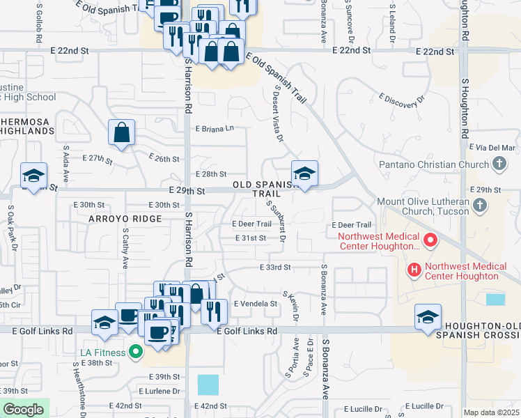 map of restaurants, bars, coffee shops, grocery stores, and more near 1942 South Sunburst Drive in Tucson