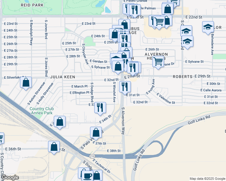 map of restaurants, bars, coffee shops, grocery stores, and more near 2110 South Alvernon Way in Tucson