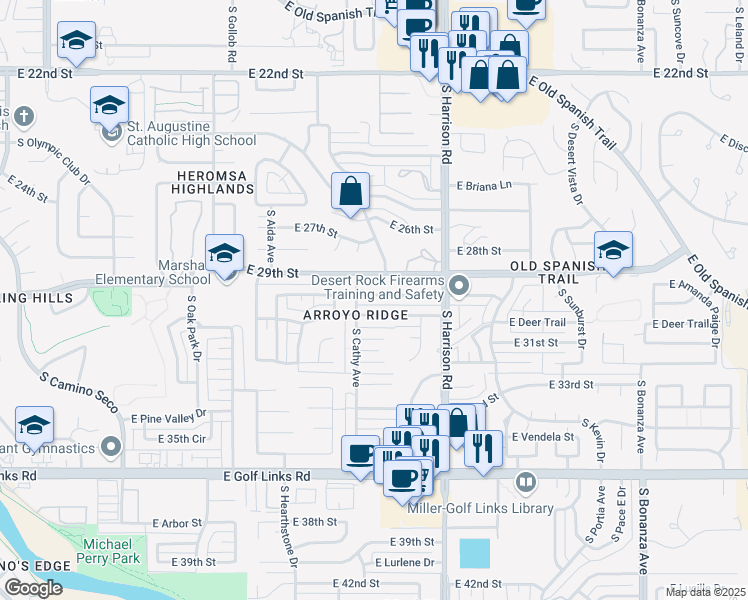 map of restaurants, bars, coffee shops, grocery stores, and more near 9320 East Deer Trail in Tucson