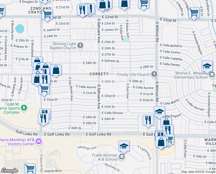 map of restaurants, bars, coffee shops, grocery stores, and more near 5943 East 32nd Street in Tucson