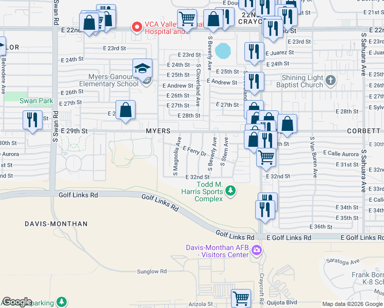 map of restaurants, bars, coffee shops, grocery stores, and more near 2102 South Farwell Avenue in Tucson