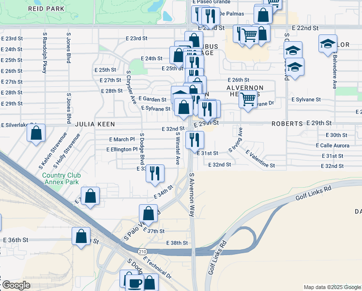 map of restaurants, bars, coffee shops, grocery stores, and more near 2110 South Alvernon Way in Tucson