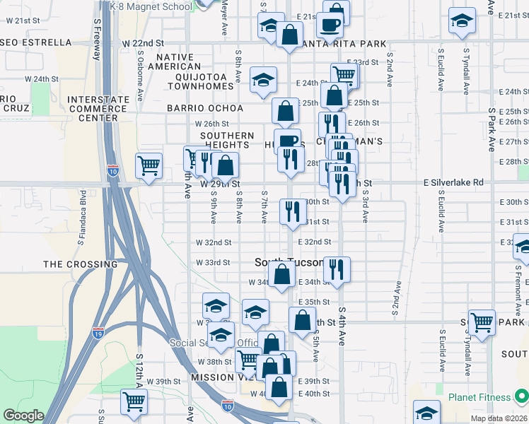 map of restaurants, bars, coffee shops, grocery stores, and more near 101 West 31st Street in Tucson