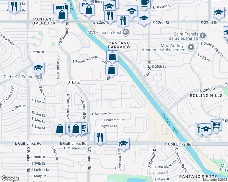 map of restaurants, bars, coffee shops, grocery stores, and more near Arizona Street in Tucson
