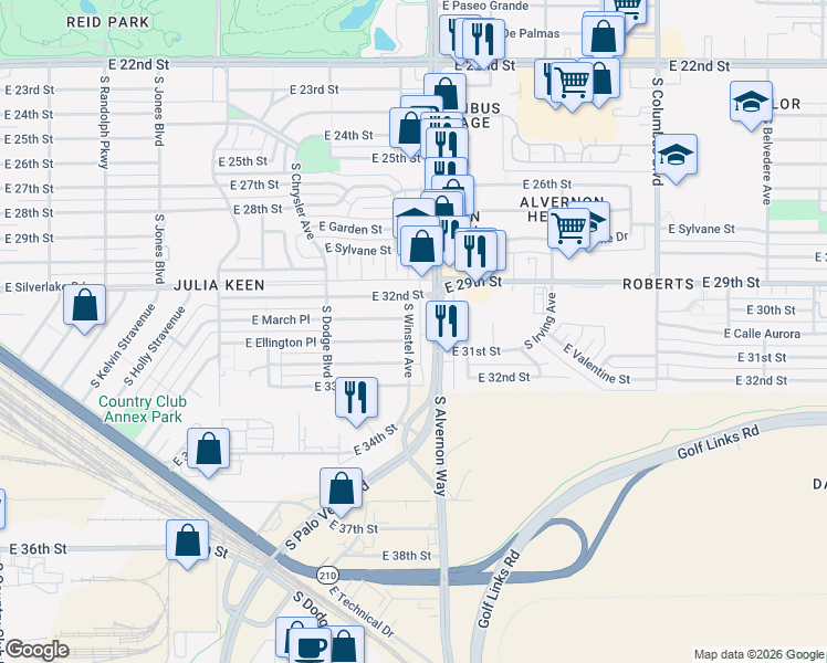 map of restaurants, bars, coffee shops, grocery stores, and more near 2110 South Alvernon Way in Tucson