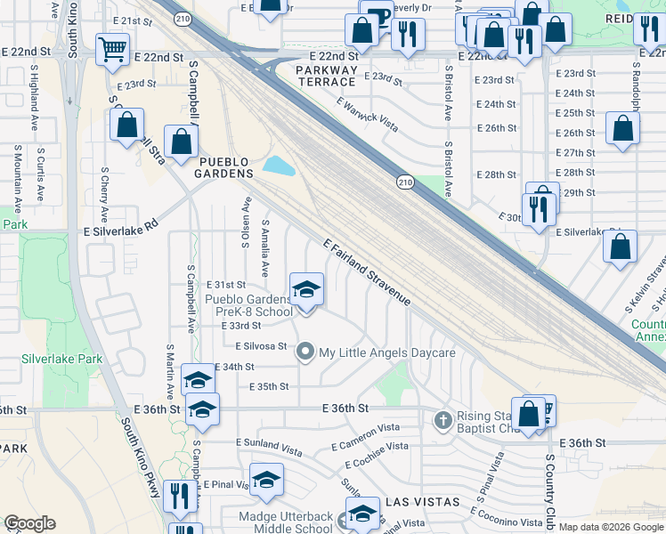 map of restaurants, bars, coffee shops, grocery stores, and more near 2025 South Amigo Avenue in Tucson