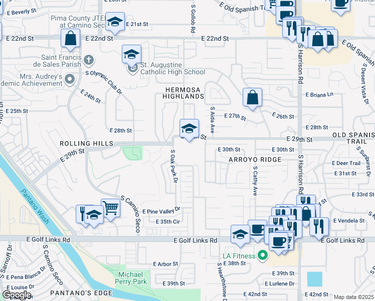 map of restaurants, bars, coffee shops, grocery stores, and more near 9066 East 29th Street in Tucson