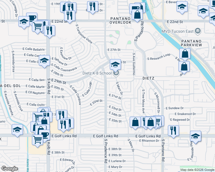 map of restaurants, bars, coffee shops, grocery stores, and more near 2017 South Prudence Road in Tucson