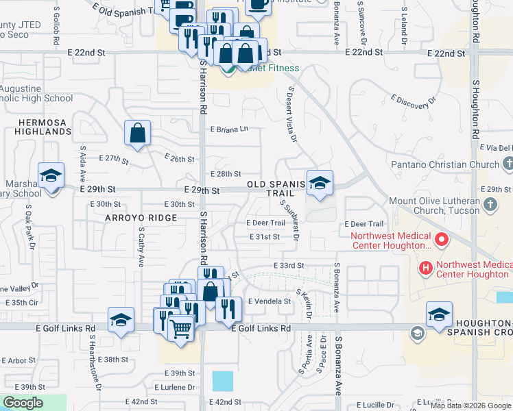 map of restaurants, bars, coffee shops, grocery stores, and more near 2022 South Faye Place in Tucson