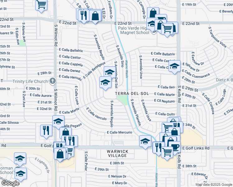 map of restaurants, bars, coffee shops, grocery stores, and more near 6700 East Calle Marte in Tucson