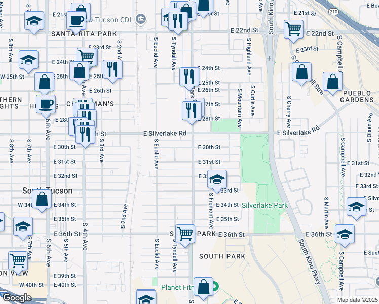 map of restaurants, bars, coffee shops, grocery stores, and more near 1950 South Park Avenue in Tucson