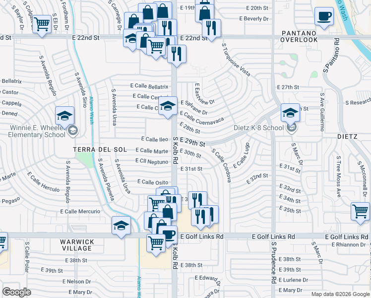 map of restaurants, bars, coffee shops, grocery stores, and more near 7141 East 29th Street in Tucson