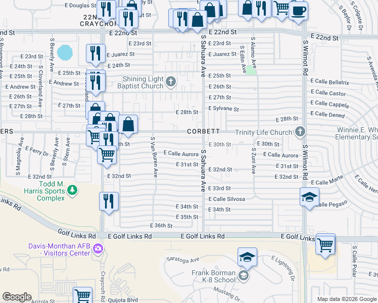 map of restaurants, bars, coffee shops, grocery stores, and more near 5819 East 30th Street in Tucson