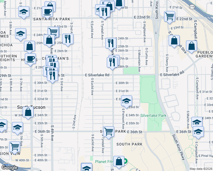 map of restaurants, bars, coffee shops, grocery stores, and more near 1950 South Park Avenue in Tucson