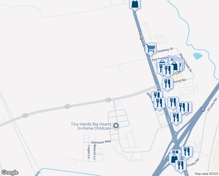 map of restaurants, bars, coffee shops, grocery stores, and more near 201 Berrien Road in Port Wentworth