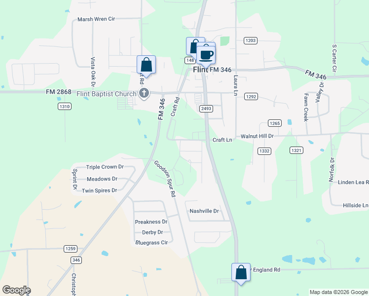 map of restaurants, bars, coffee shops, grocery stores, and more near 10958 County Road 148 in Flint