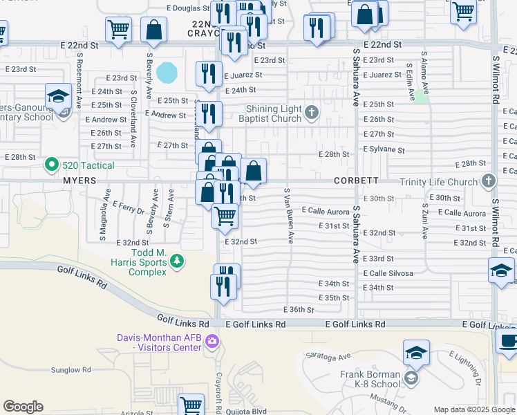map of restaurants, bars, coffee shops, grocery stores, and more near 5623 East 30th Street in Tucson
