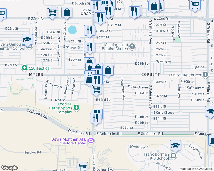 map of restaurants, bars, coffee shops, grocery stores, and more near 5623 East 30th Street in Tucson