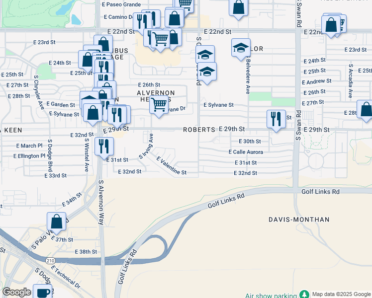 map of restaurants, bars, coffee shops, grocery stores, and more near 4250 East 29th Street in Tucson