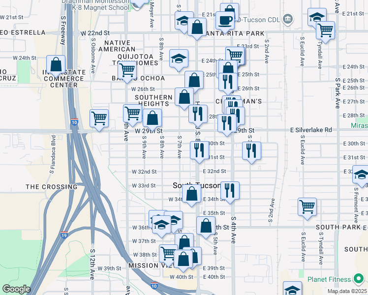 map of restaurants, bars, coffee shops, grocery stores, and more near 1910 South 7th Avenue in Tucson