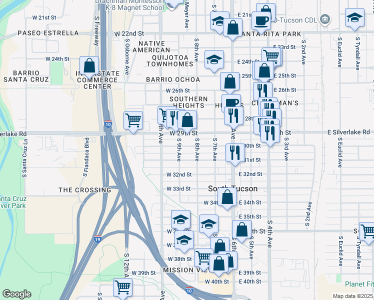 map of restaurants, bars, coffee shops, grocery stores, and more near 1907 South 9th Avenue in Tucson