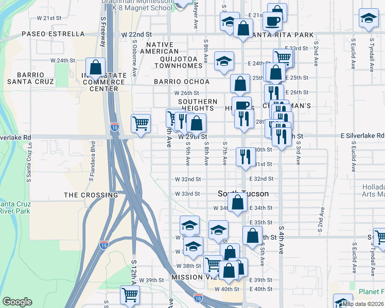map of restaurants, bars, coffee shops, grocery stores, and more near 1907 South 9th Avenue in Tucson