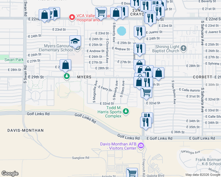map of restaurants, bars, coffee shops, grocery stores, and more near 1941 South Cloverland Avenue in Tucson