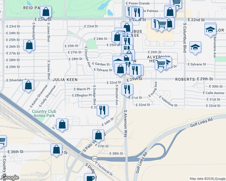 map of restaurants, bars, coffee shops, grocery stores, and more near 3802 East March Place in Tucson