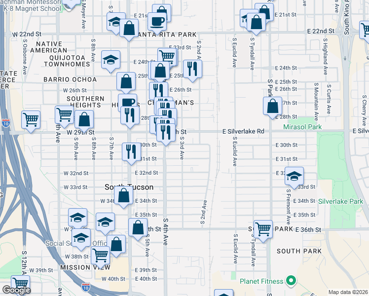 map of restaurants, bars, coffee shops, grocery stores, and more near 2001 South 3rd Avenue in Tucson