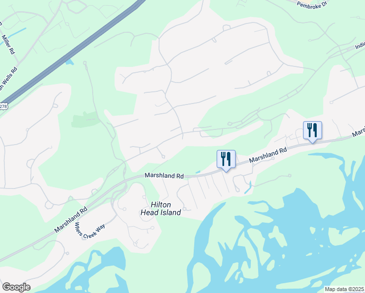 map of restaurants, bars, coffee shops, grocery stores, and more near 1 Camden Lane in Hilton Head Island