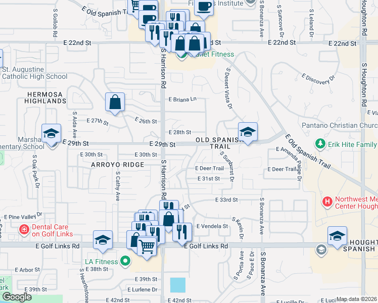 map of restaurants, bars, coffee shops, grocery stores, and more near 9592 East 29th Street in Tucson