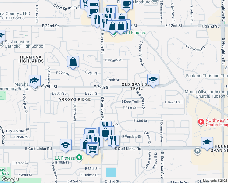 map of restaurants, bars, coffee shops, grocery stores, and more near 9532 East 29th Street in Tucson