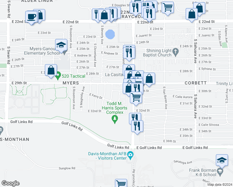 map of restaurants, bars, coffee shops, grocery stores, and more near 5409 East 30th Street in Tucson