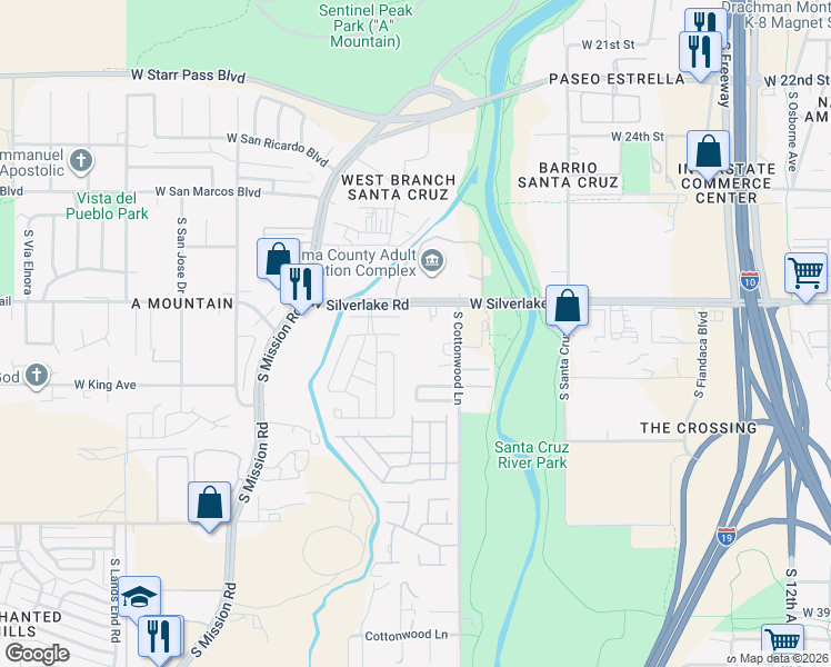 map of restaurants, bars, coffee shops, grocery stores, and more near 1325 West Silverlake Road in Tucson