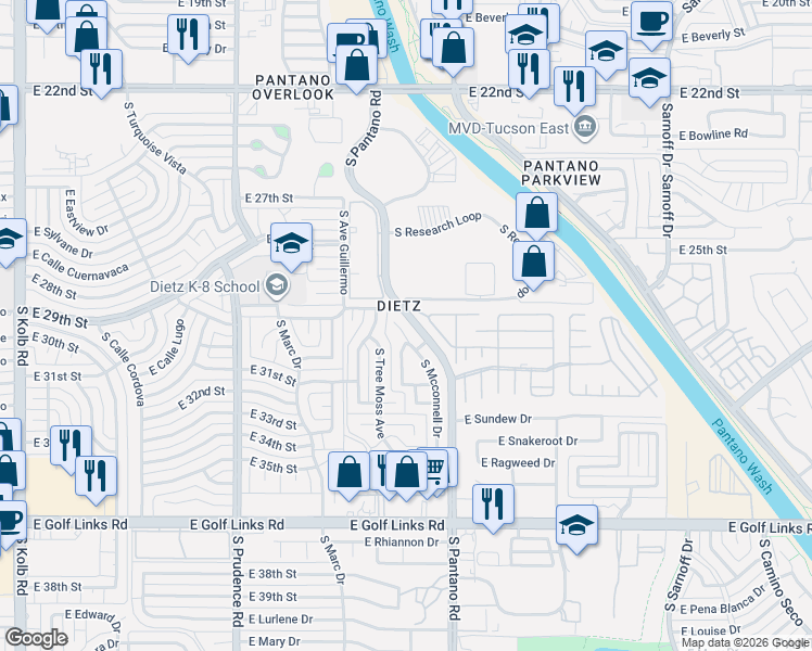 map of restaurants, bars, coffee shops, grocery stores, and more near 1961 South Mcconnell Drive in Tucson
