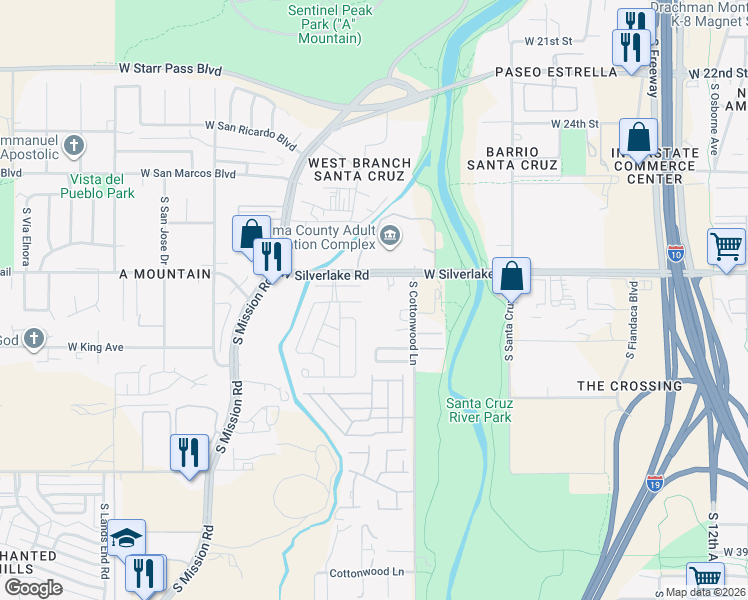 map of restaurants, bars, coffee shops, grocery stores, and more near 1325 West Silverlake Road in Tucson